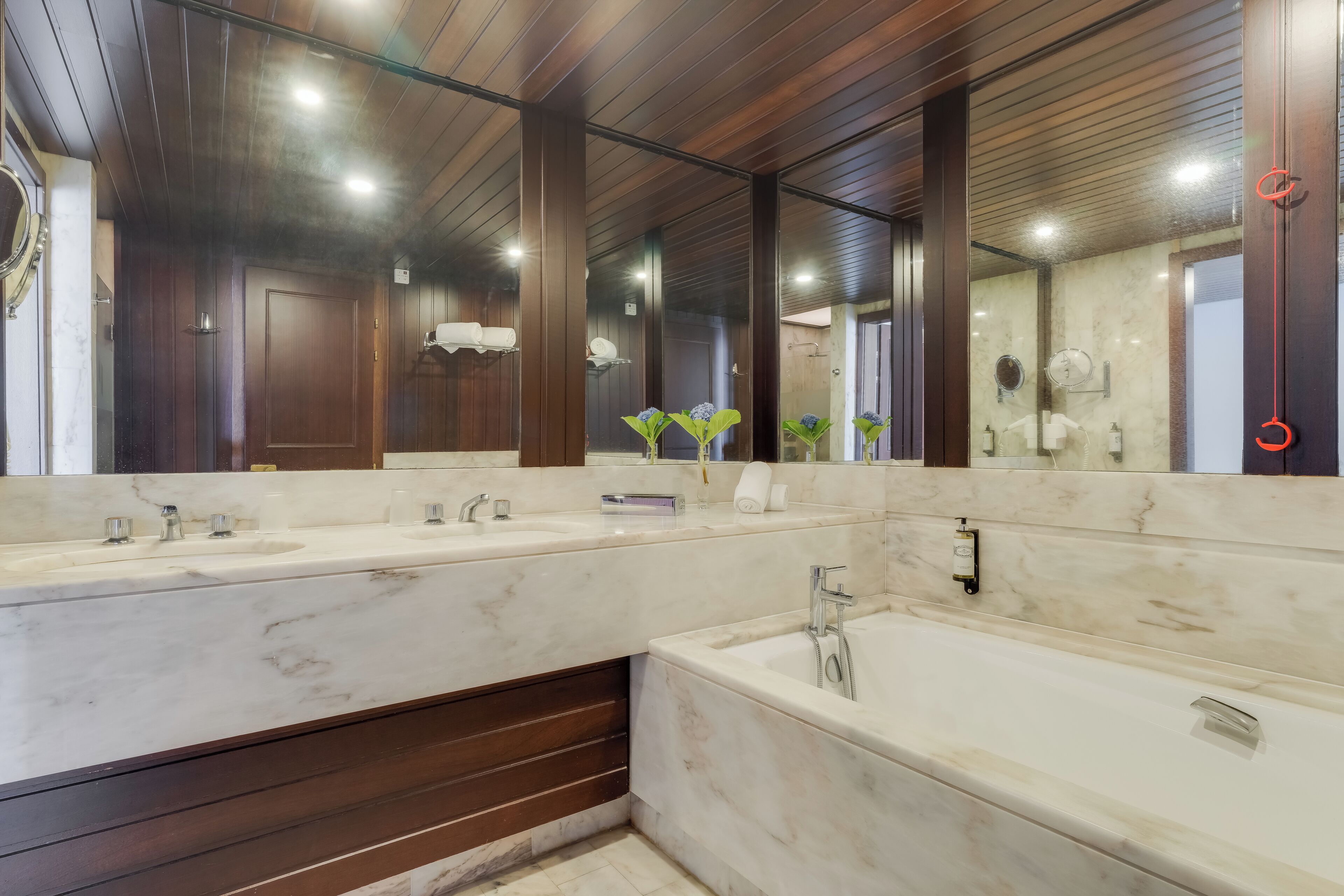 deep-soaking bathtub, free toiletries, hair dryer, towels