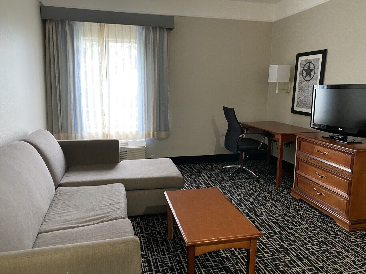 Premium bedding, desk, blackout drapes, iron/ironing board