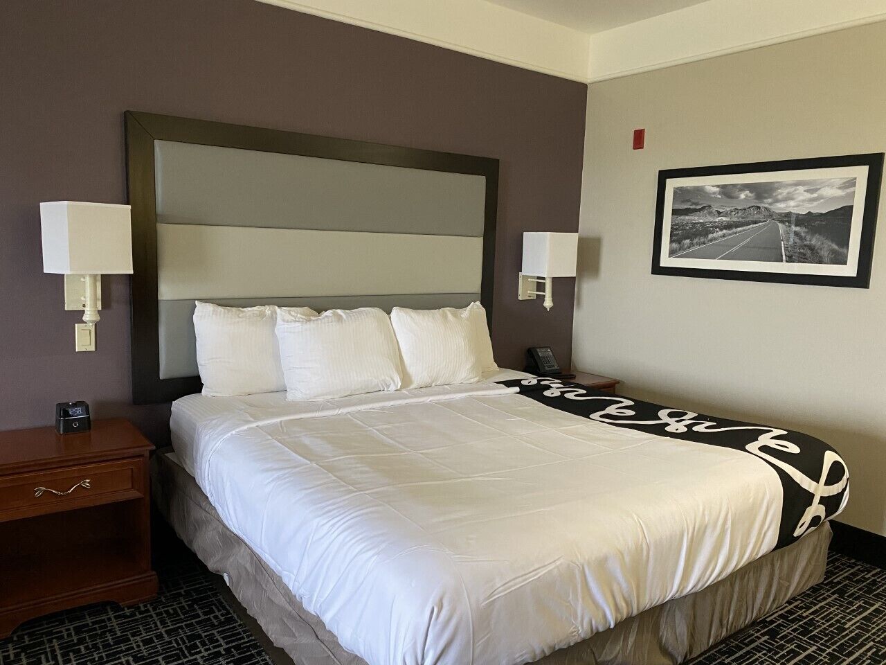 Een hotelkamer met een groot bed, een nachtkastje, een lamp, een telefoon en een lijst met een afbeelding aan de muur.