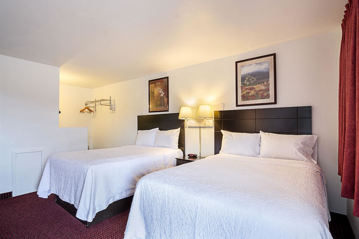 Quarto de hotel com duas camas, uma mesa de cabeceira, um abajur e um quadro na parede.