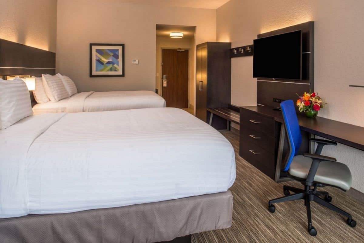 Une chambre d’hôtel avec deux lits, un bureau avec une chaise, un téléviseur à écran plat et un vase décoratif.