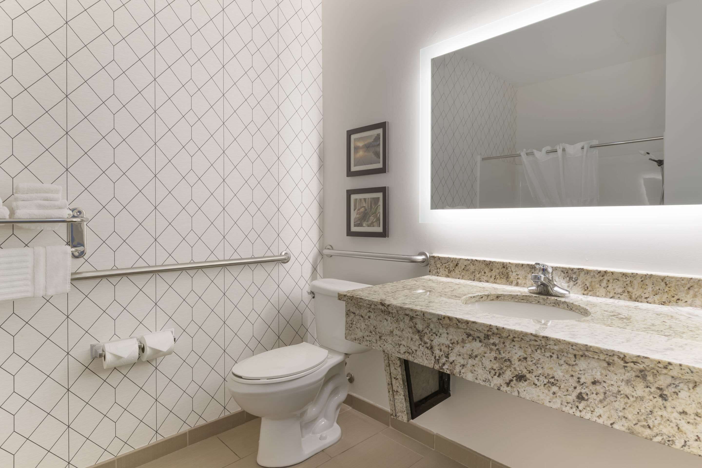 A bathroom with a white toilet, a marble sink, a large mirror, and a shower area.