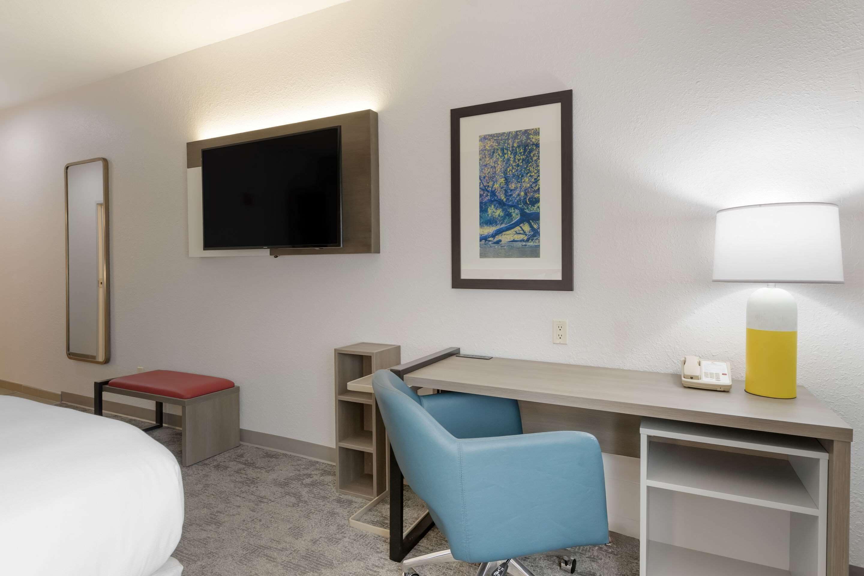 A hotel room with a bed, a desk with a chair, a television, a framed picture, a lamp, and a telephone.