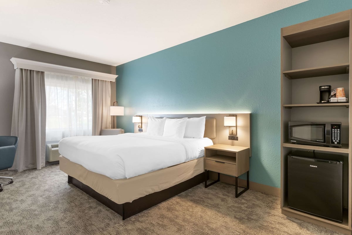 Una habitación de hotel con una cama grande, mesitas de noche, un microondas y un refrigerador.