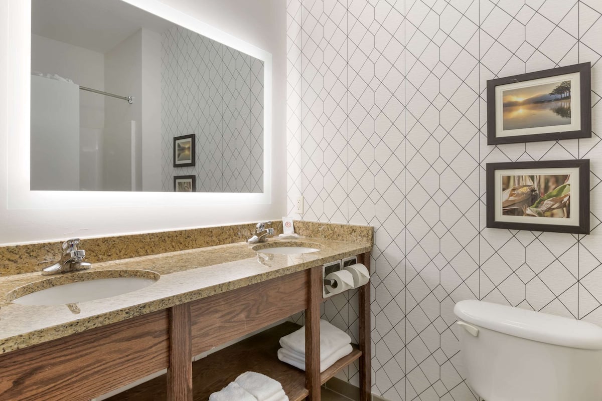 Un baño con dos lavamanos, un espejo grande y un inodoro. Hay cuadros enmarcados en la pared y un perchero con toallas.