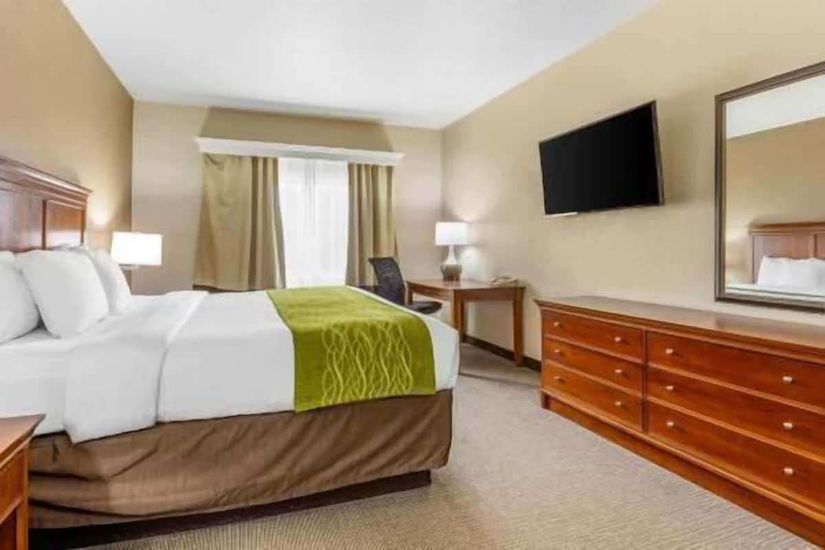 Habitación de hotel con cama, escritorio, silla, cómoda y televisor montado en la pared.