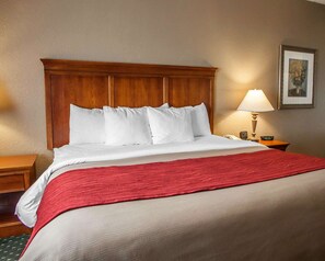 A hotel room with a wooden headboard, white bedding, a red throw blanket, a bedside lamp, and a framed picture on the wall.