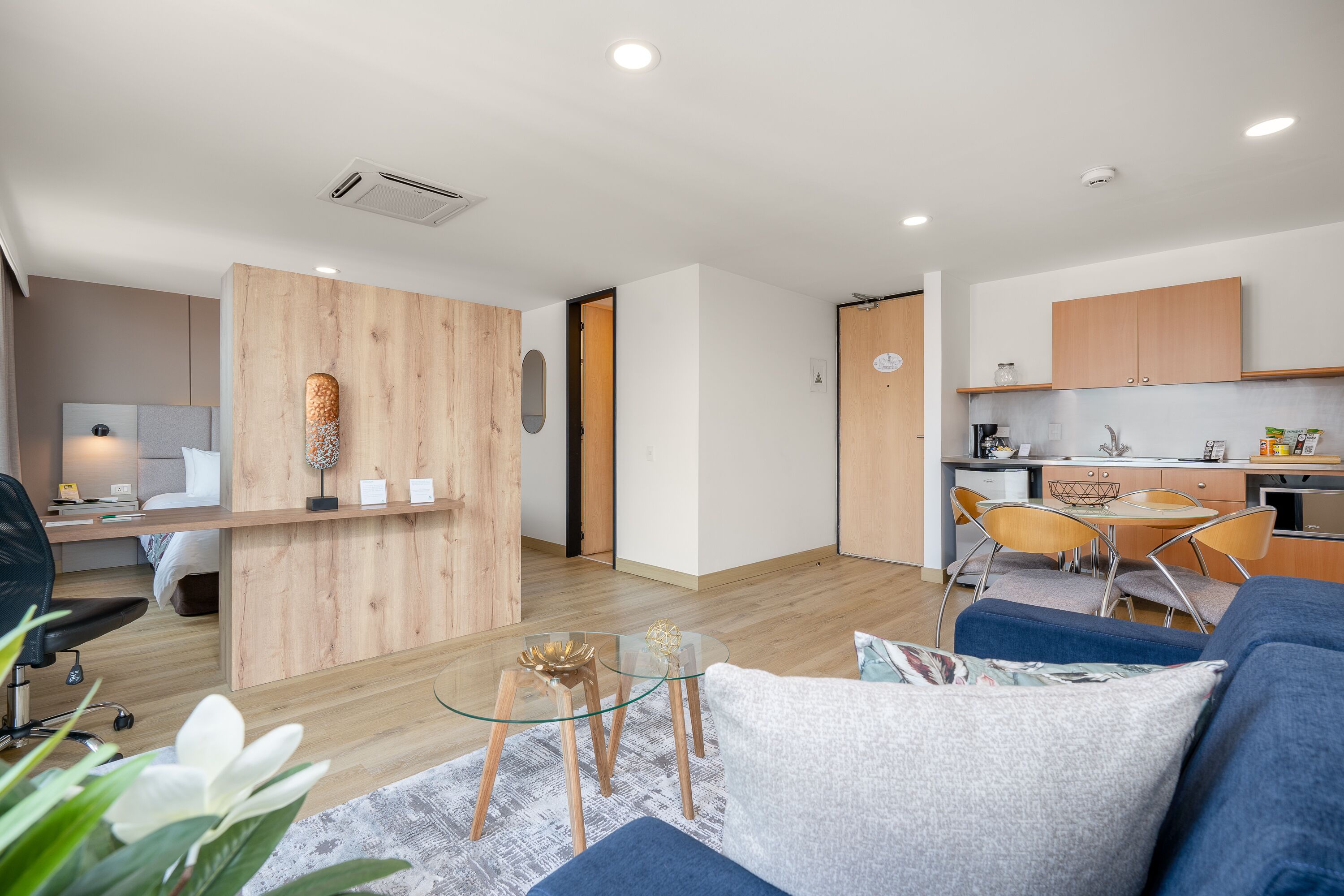 A modern apartment with a living room, a small kitchen, and a dining area. There is a wooden partition separating the living and dining spaces.