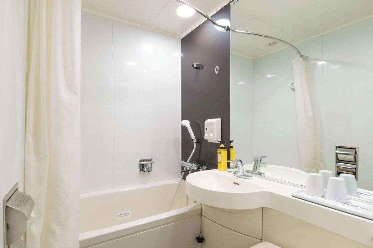 combined shower/bathtub, deep-soaking bathtub, hair dryer, slippers