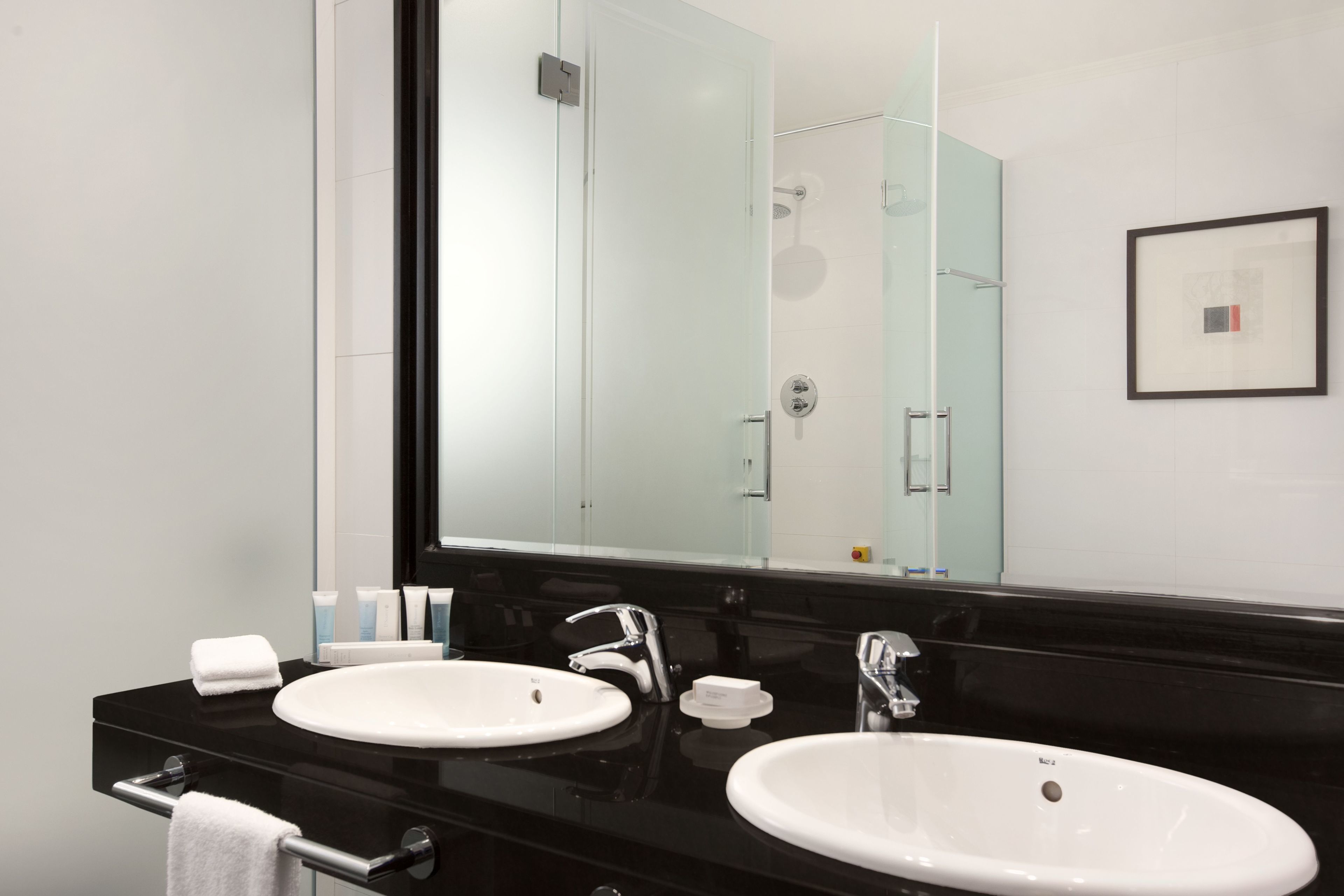 A modern bathroom with two sinks, a large mirror, and a framed picture on the wall.