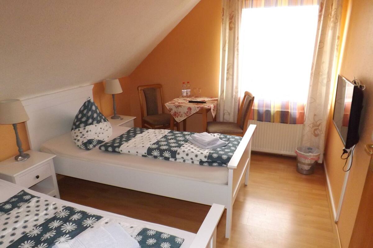Een slaapkamer met twee bedden, een tafel, een stoel, een lamp en een televisie.