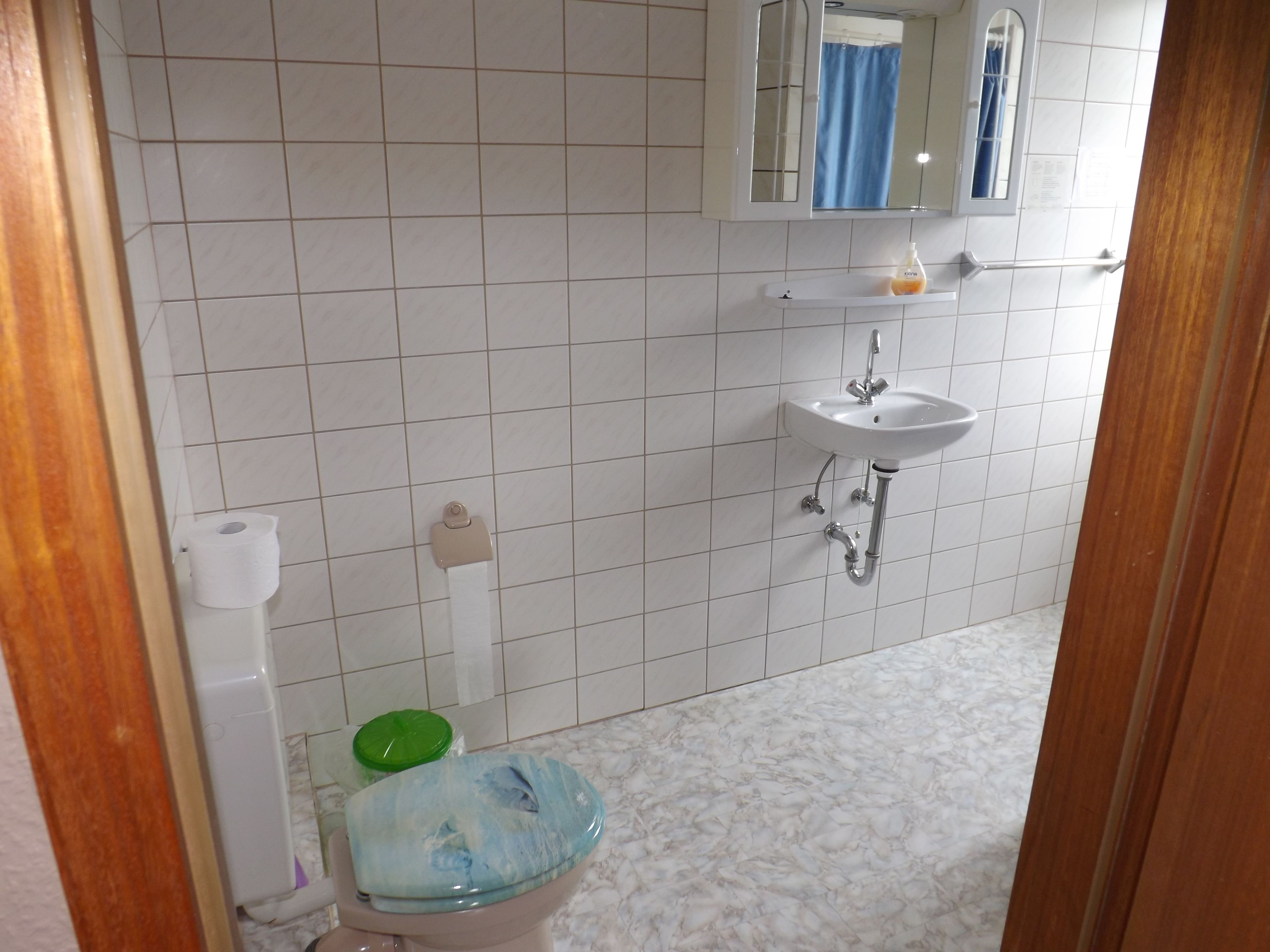 A bathroom with a toilet, sink, and mirror.