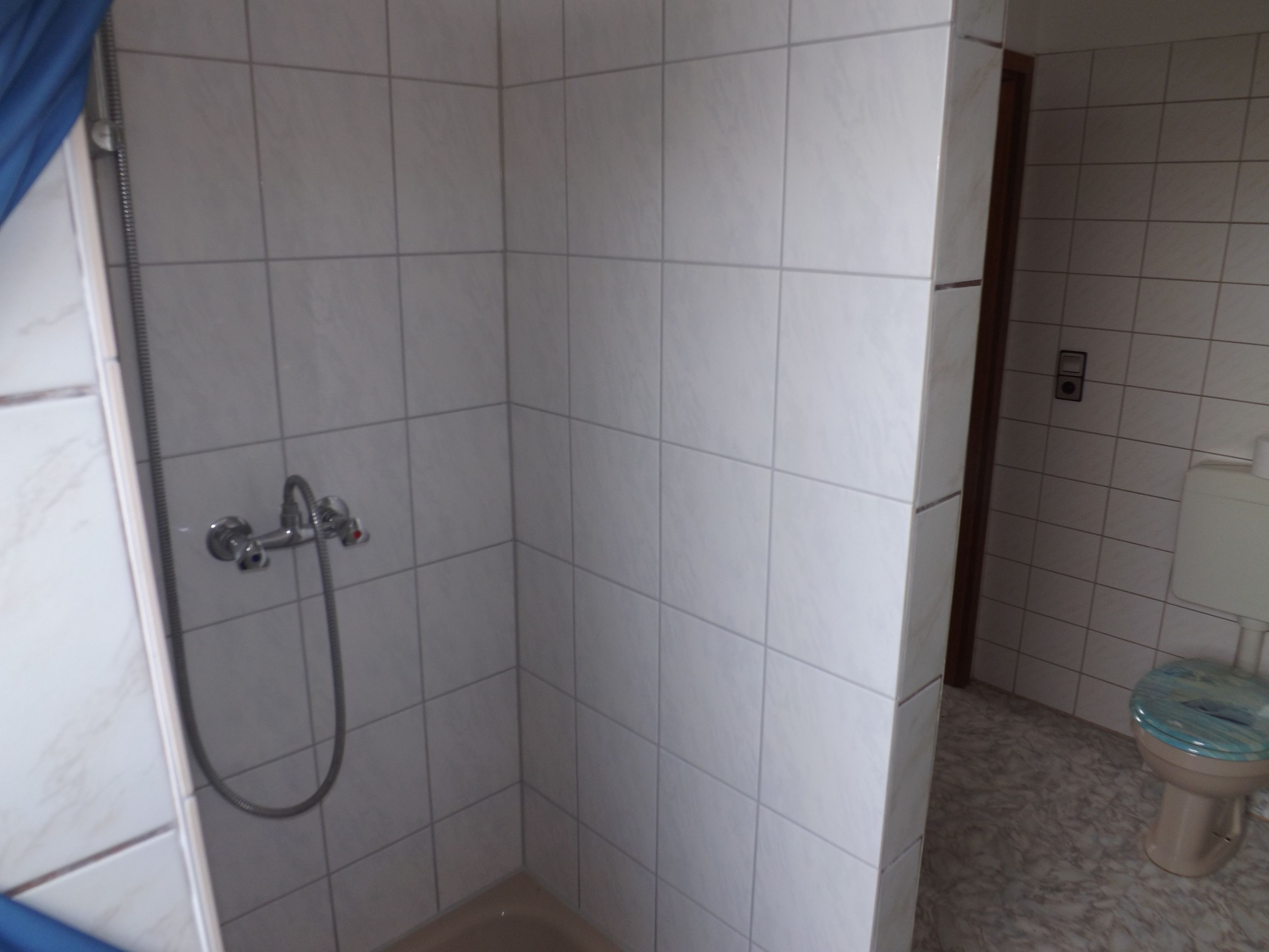 Un baño pequeño con azulejos, ducha y retrete.