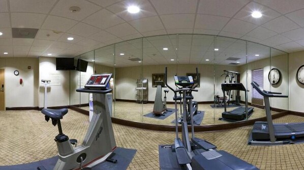 Een fitnessruimte met loopbanden, elliptische trainers en een spiegelwand.