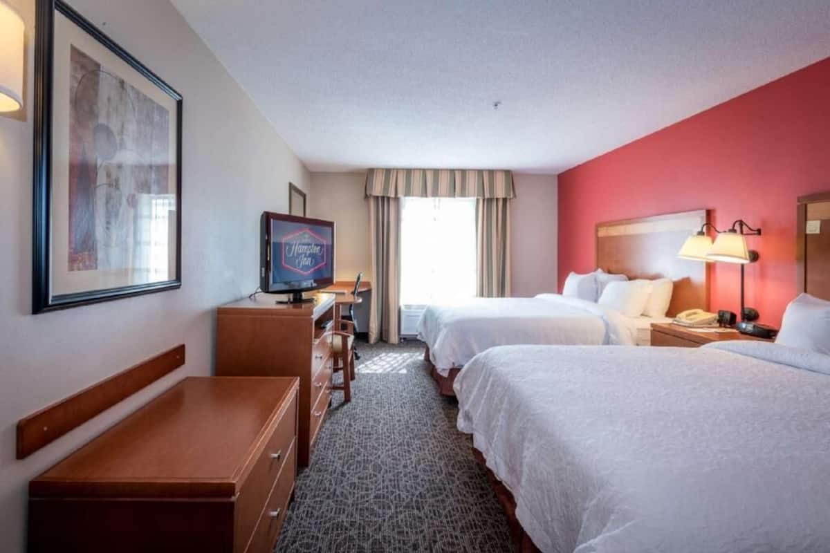 A hotel room with two beds, a desk, a television, a lamp, and a framed picture on the wall.