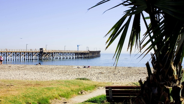 A beach with a pier extending into the water, a path leading to a bench, and a palm tree in the foreground. - Hampton Inn Santa Barbara/Goleta (Goleta)