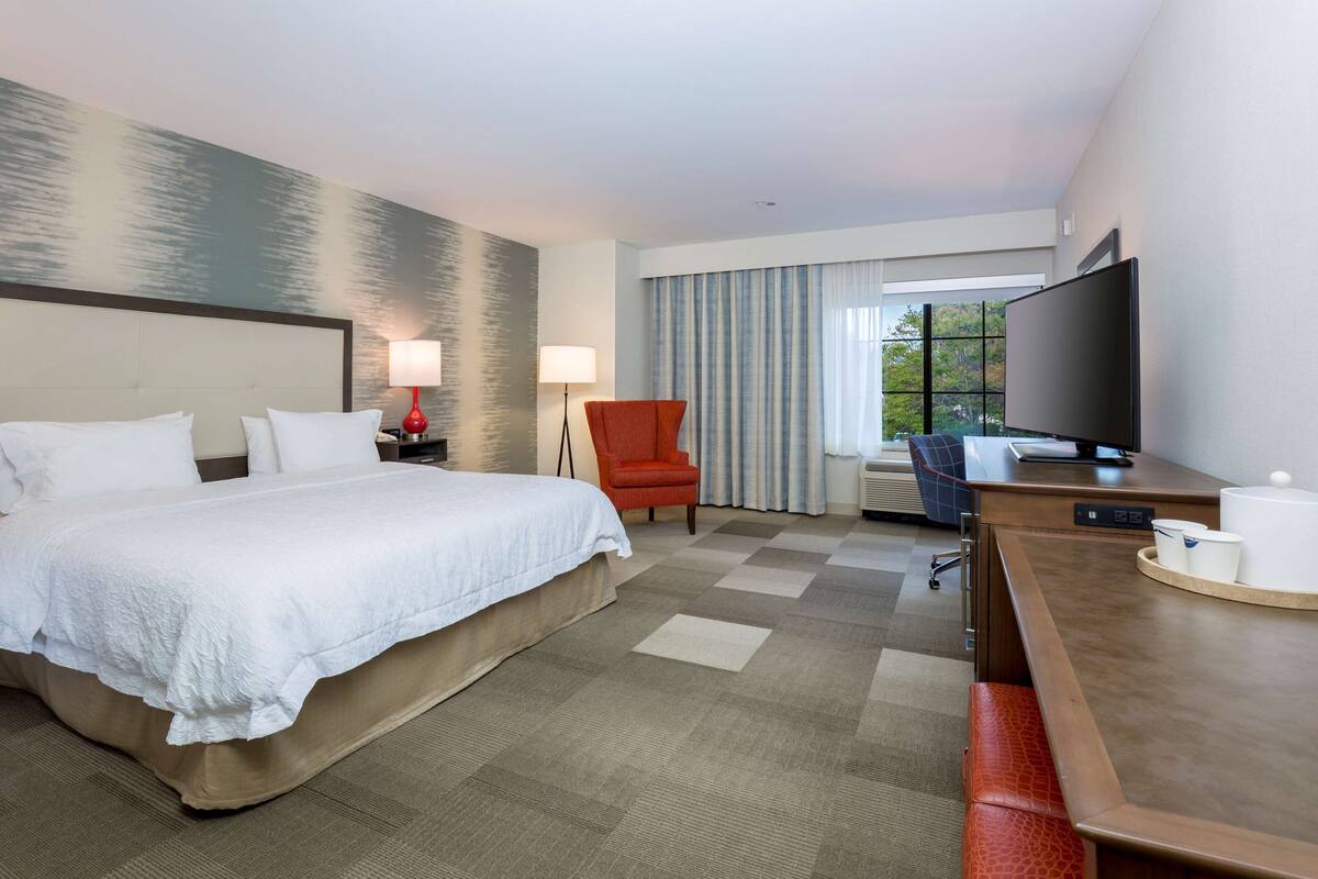 A hotel room with a large bed, a desk with a television, a chair, and a view of trees through the window.