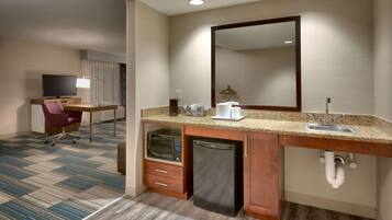 Desk, laptop workspace, blackout curtains, iron/ironing board