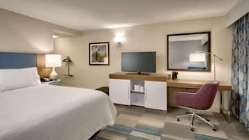 Desk, laptop workspace, blackout curtains, iron/ironing board