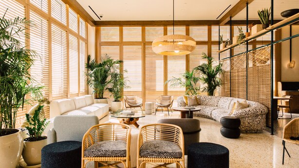 A spacious living area with a large sofa, a coffee table, and several chairs. There are potted plants and a hanging light fixture. - Hotel June West L.A., a Member of Design Hotels (Los Angeles)