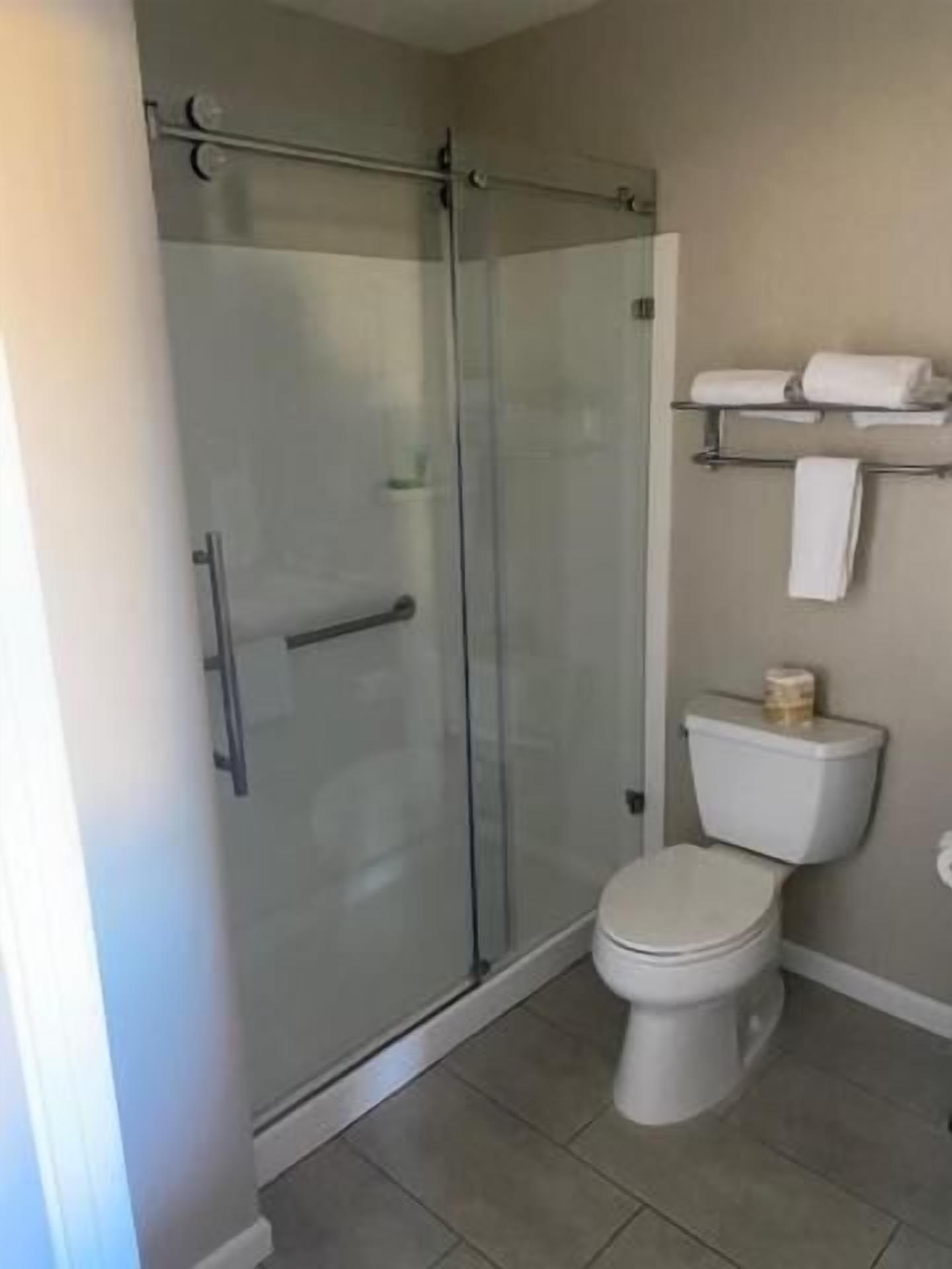 Une salle de bain avec une douche à parois de verre, des toilettes et une étagère avec des serviettes.