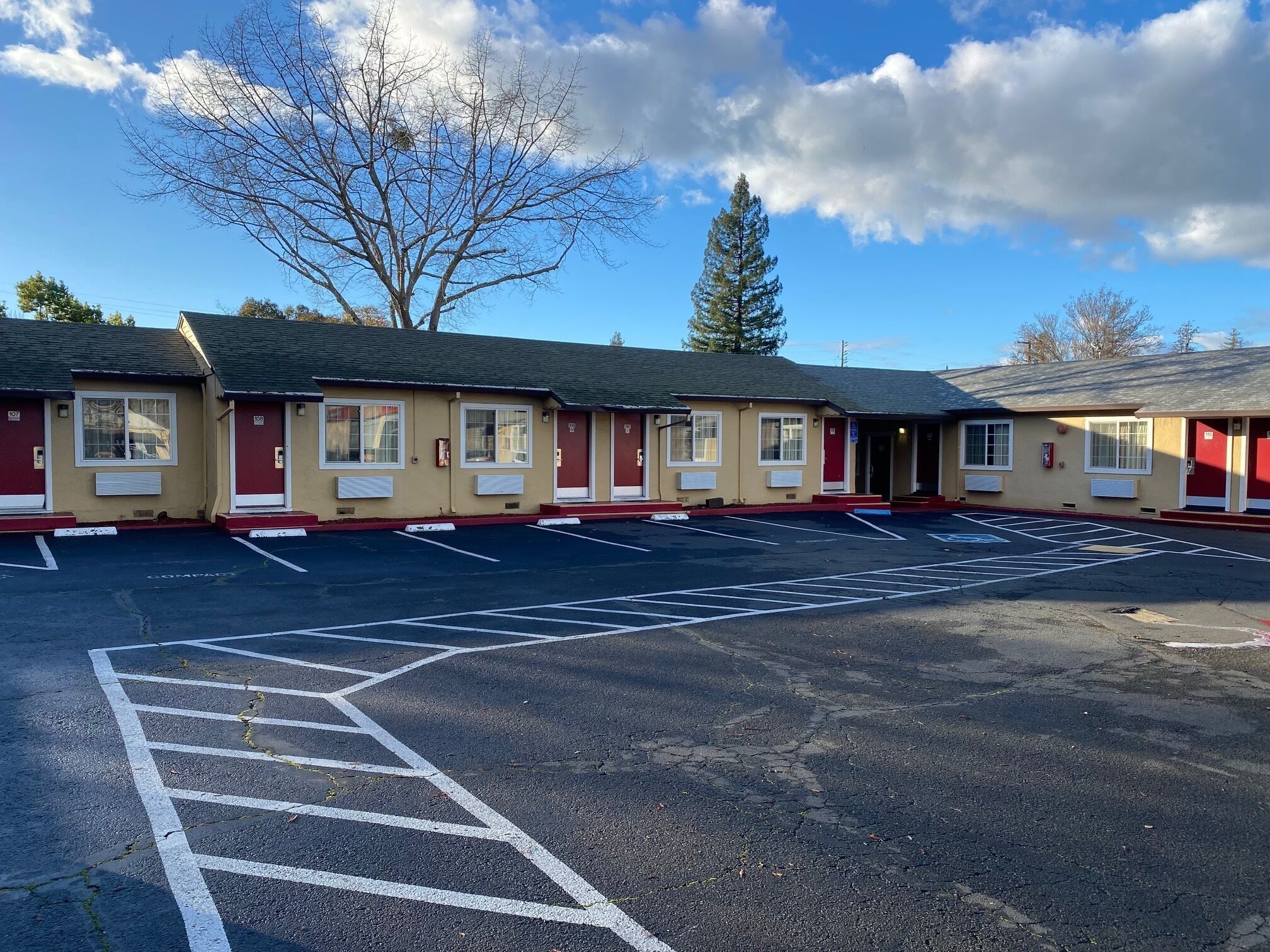 A row of motel buildings with numbered rooms, a parking lot, and a large tree in the background.