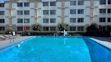 Seasonal outdoor pool, open 8:00 AM to 8:00 PM, pool loungers