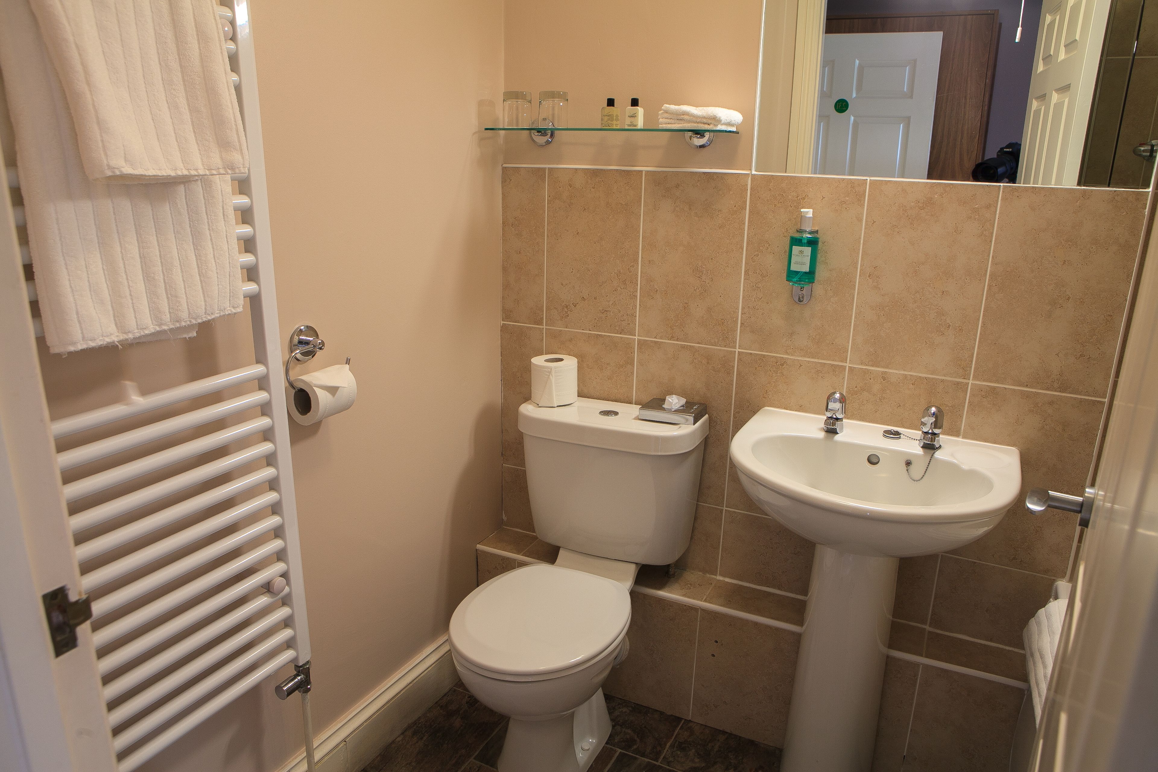 Een badkamer met toilet, wastafel, handdoekrek en spiegel.