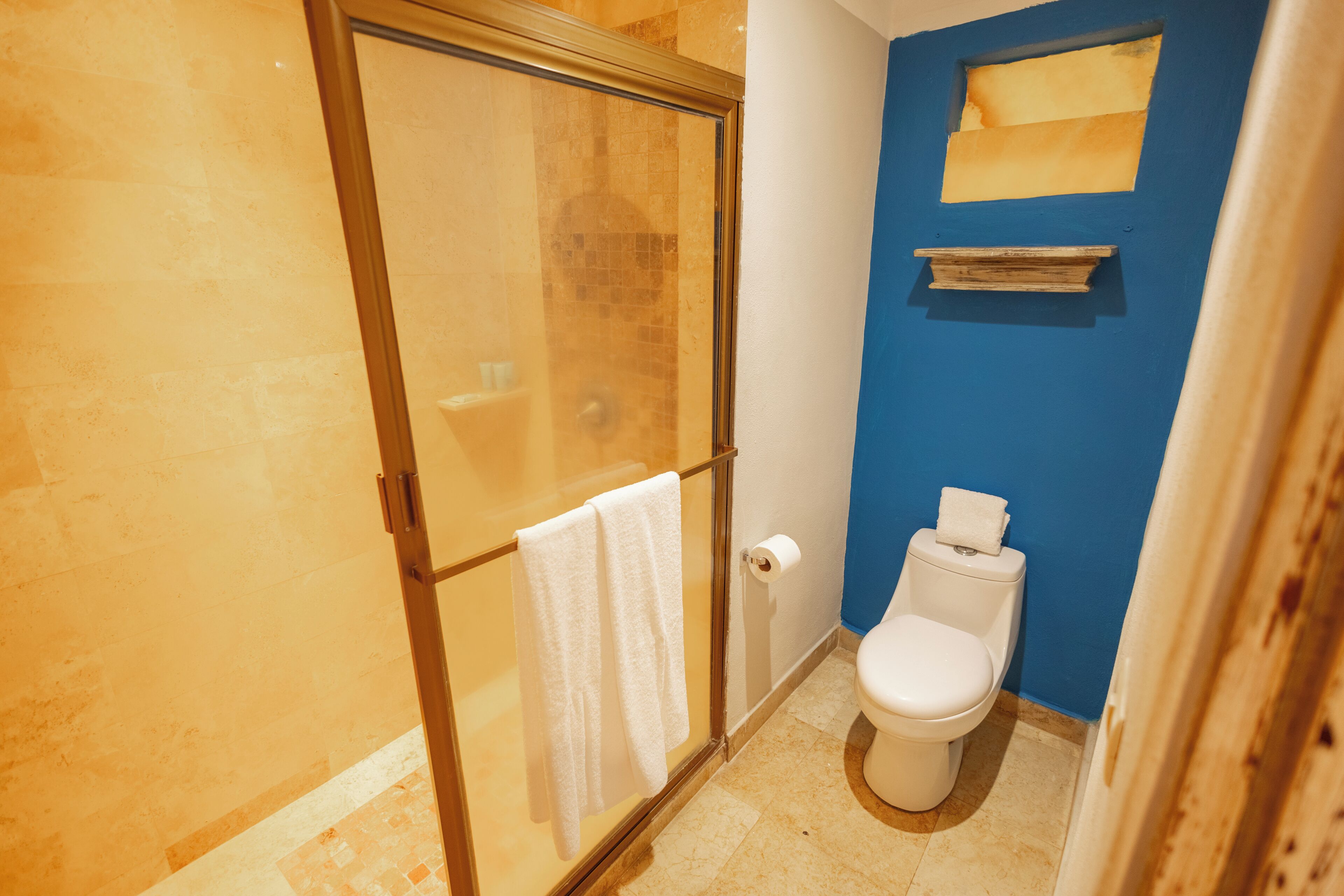 A bathroom with a glass shower enclosure, a toilet, and a blue wall.