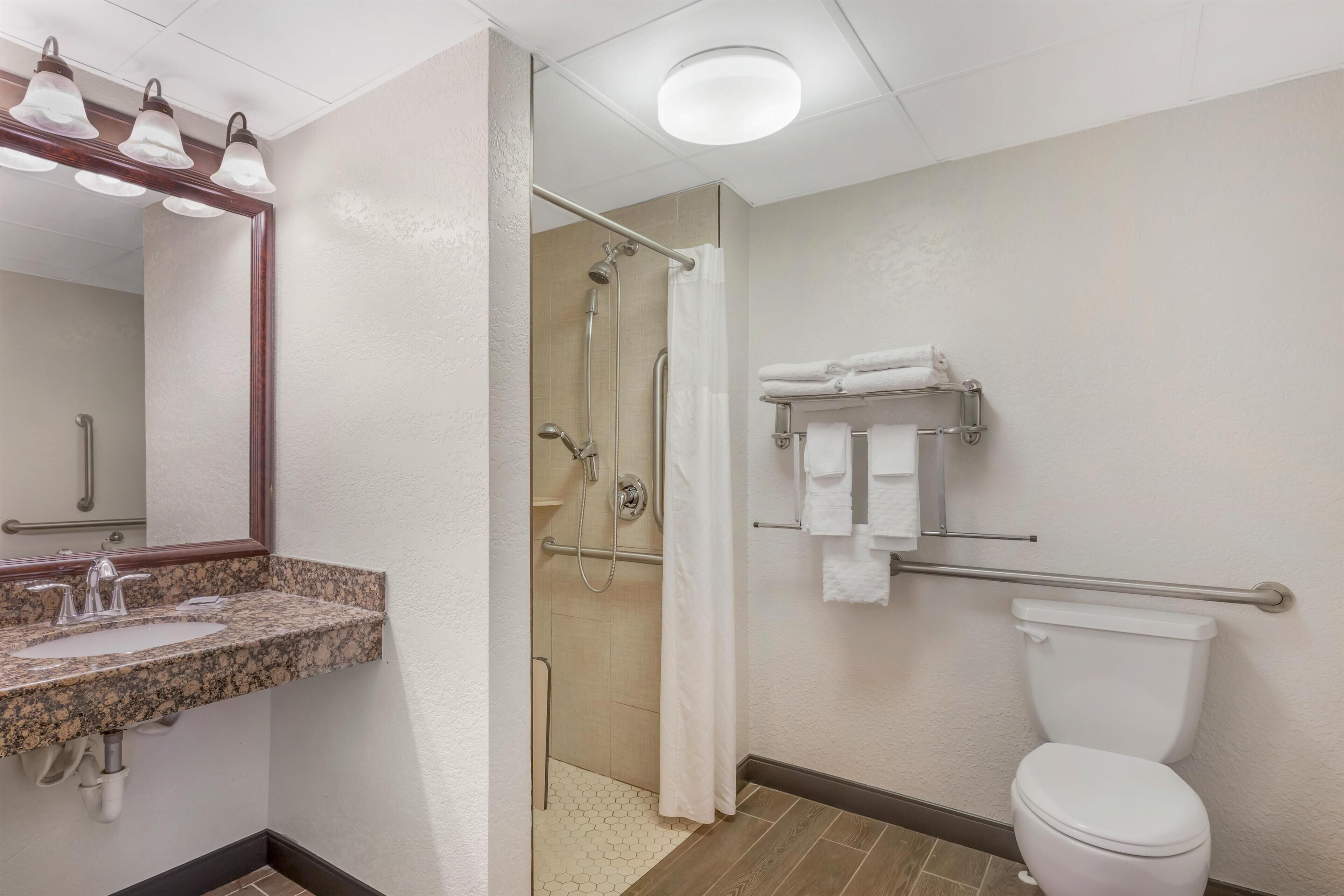 A bathroom with a granite sink, a white toilet, a shower with a glass door, and a towel rack.
