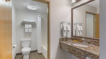 Een moderne badkamer met toilet, douche en wastafel.
