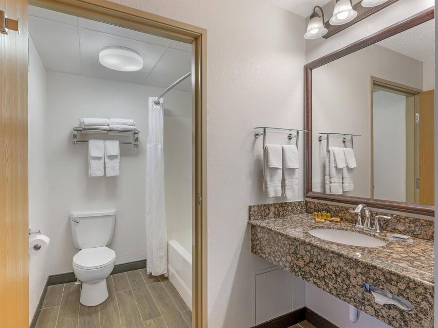 Een moderne badkamer met toilet, douche en wastafel.