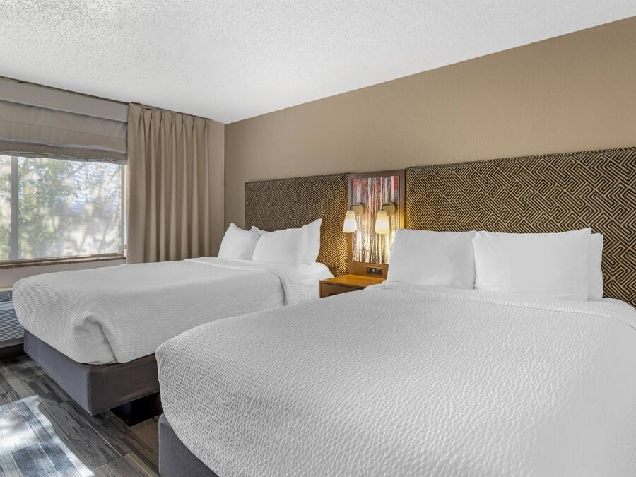 Una habitación de hotel con dos camas, un ventanal con cortinas, un cabecero con diseño geométrico y una mesita de noche con lámpara.