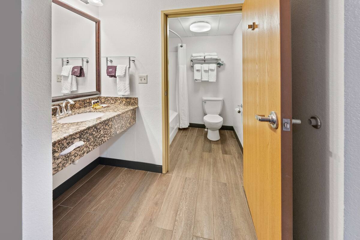 suite, 1 king bed, non smoking, jetted tub | bathroom | combined shower/bathtub, free toiletries, hair dryer, towels