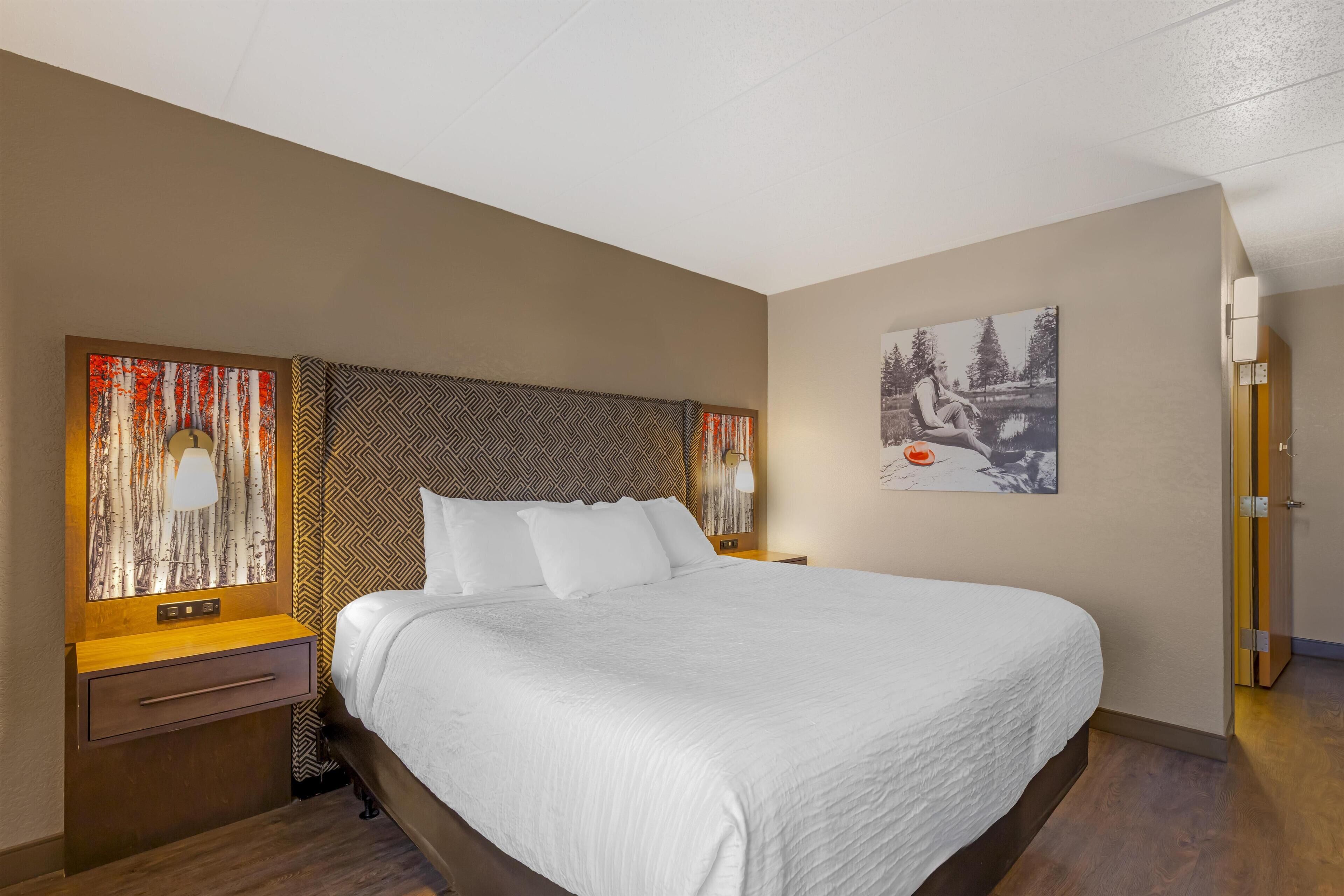 Una habitación de hotel moderna con una cama grande, un cabecero con diseño geométrico, una mesita de noche con lámpara y un cuadro en la pared.