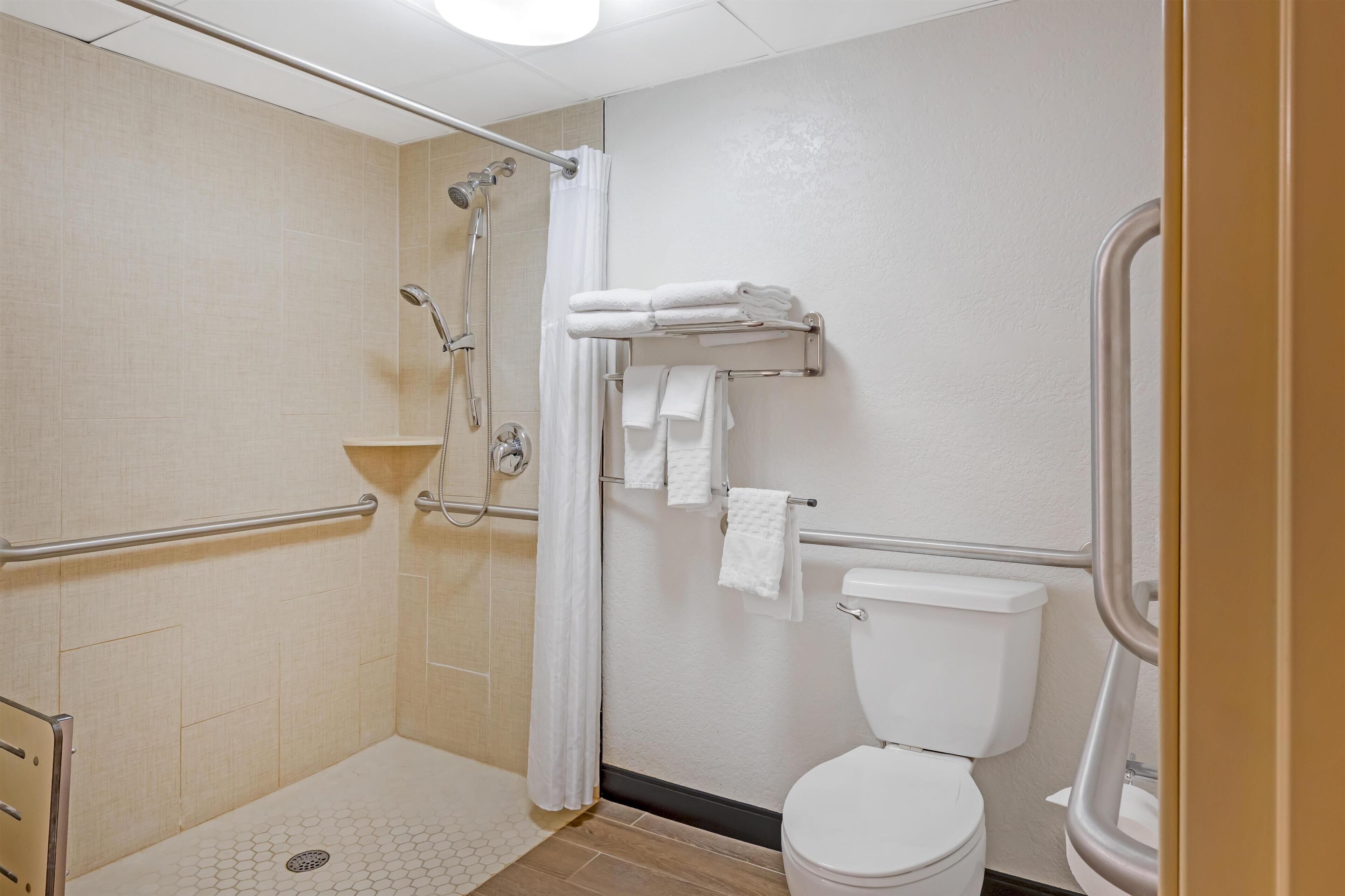 A modern bathroom with a shower, toilet, and handrails.