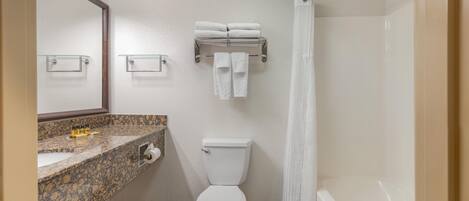 A bathroom with a toilet, sink, and shower.