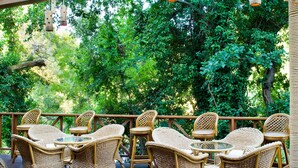 A wooden deck with wicker furniture and hanging lights, surrounded by lush greenery.