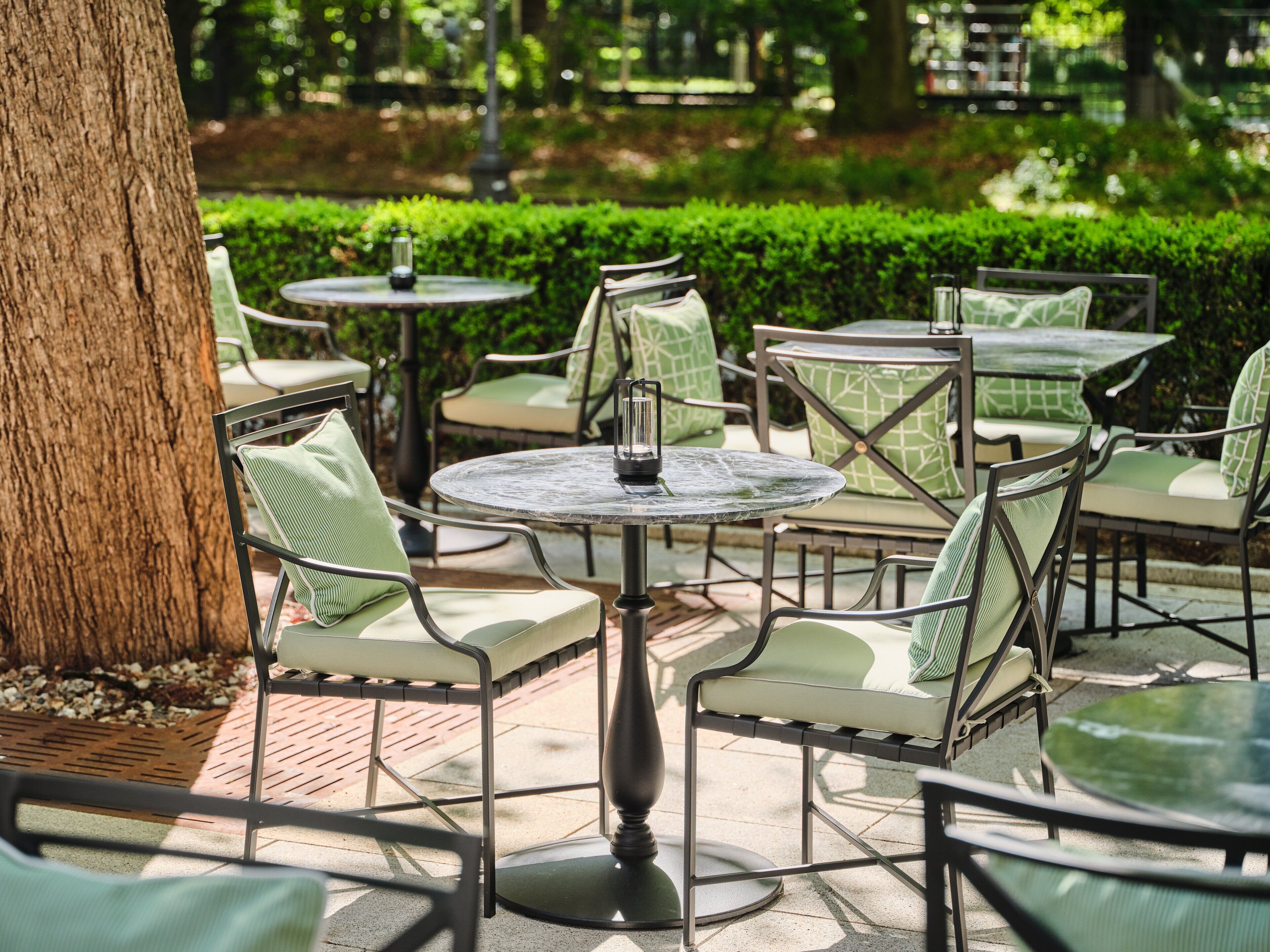 Un espace patio avec des tables et des chaises rondes, entouré de verdure.