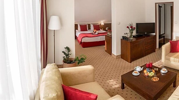 Una habitación de hotel con una cama, un televisor, una mesa de centro con aperitivos y un sofá.