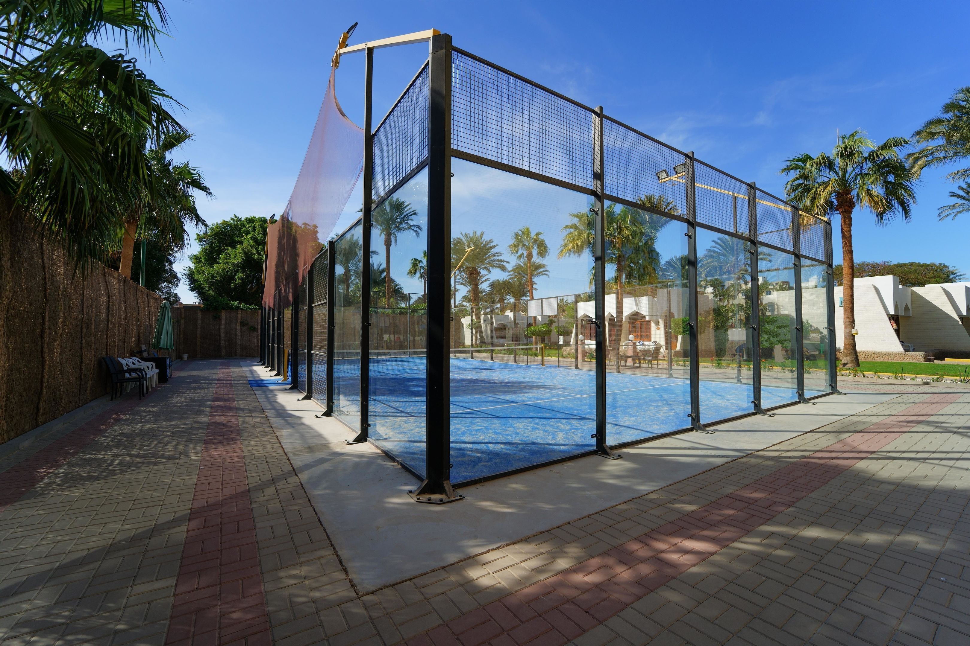 Una cancha de tenis con red, rodeada por un recinto de vidrio, palmeras y un camino de ladrillo.