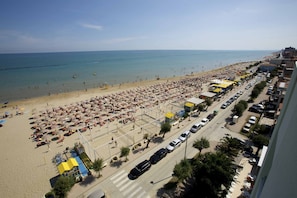 Am Strand, Liegestühle, Sonnenschirme