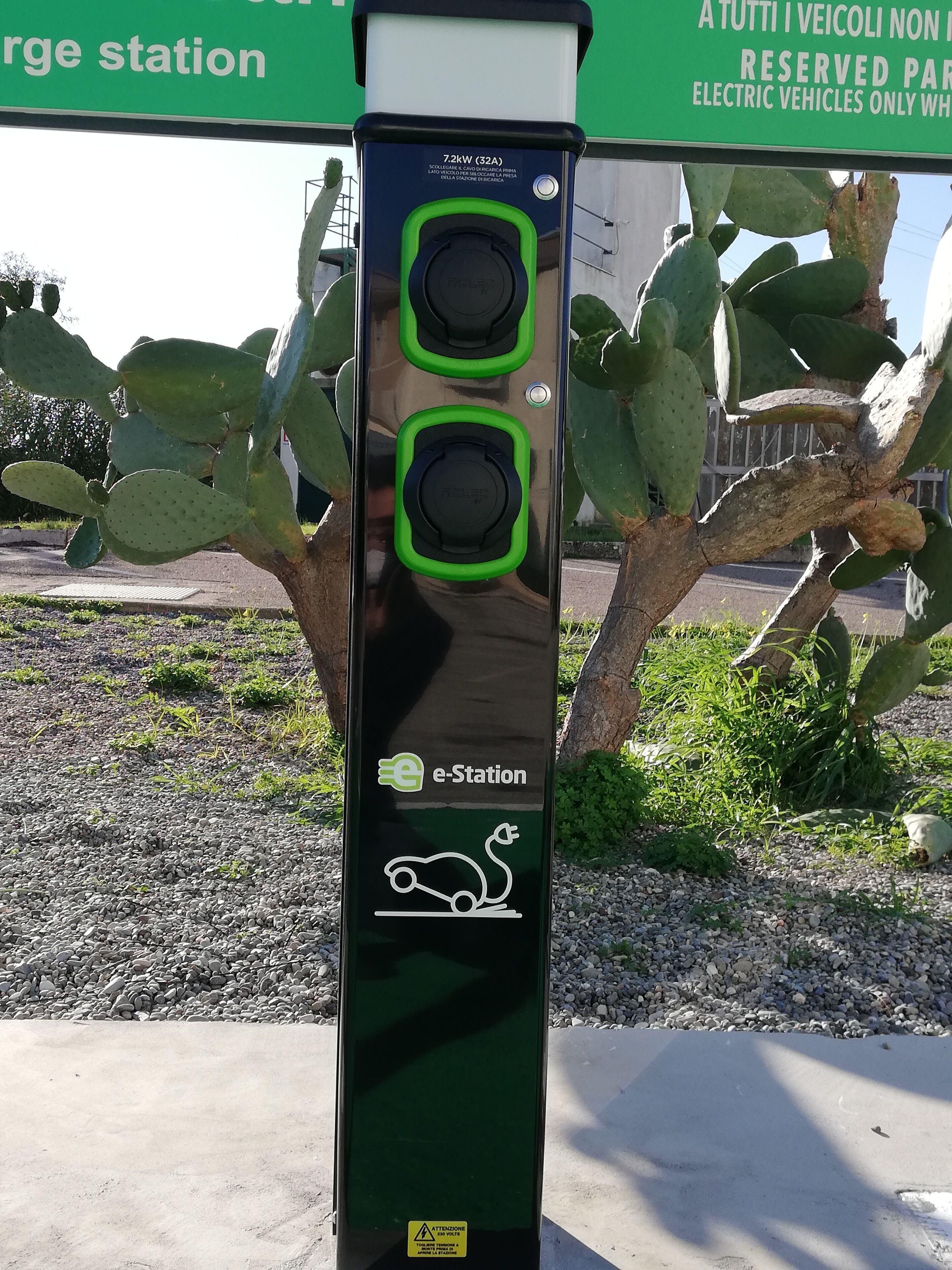 Une borne de recharge dotée de deux prises, un cactus en arrière-plan et un panneau indiquant que les places de stationnement au-dessus sont réservées aux véhicules électriques.