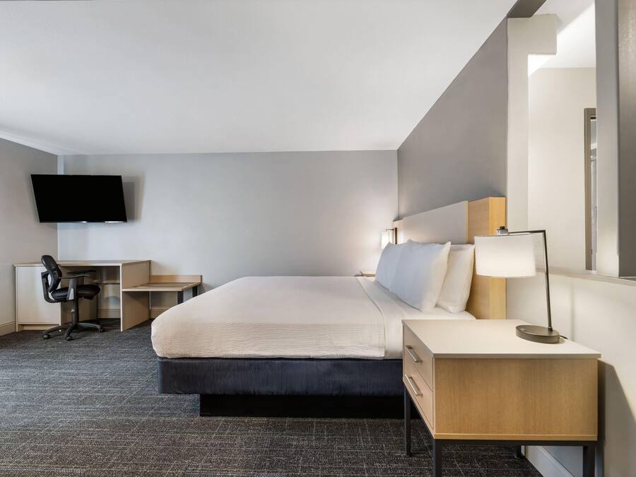 Habitació d'hotel amb un llit, escriptori, cadira, televisió, làmpada i mirall.