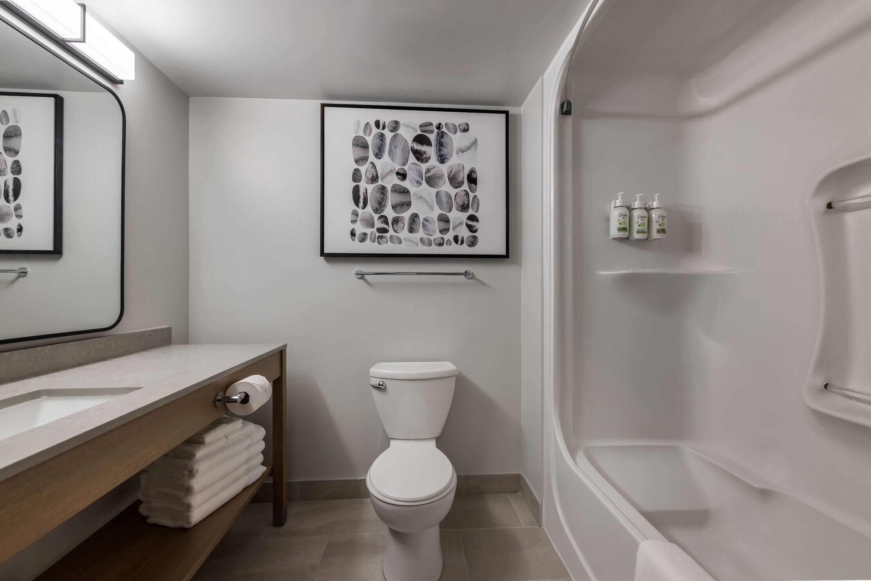Un baño moderno con inodoro, lavabo, una obra de arte enmarco y zona de ducha.