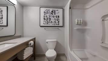 Un baño moderno con inodoro, lavabo, una obra de arte enmarco y zona de ducha.