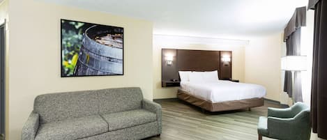 Une chambre d’hôtel avec un canapé, un lit, une chaise, une table de chevet, une lampe et un tableau au mur.