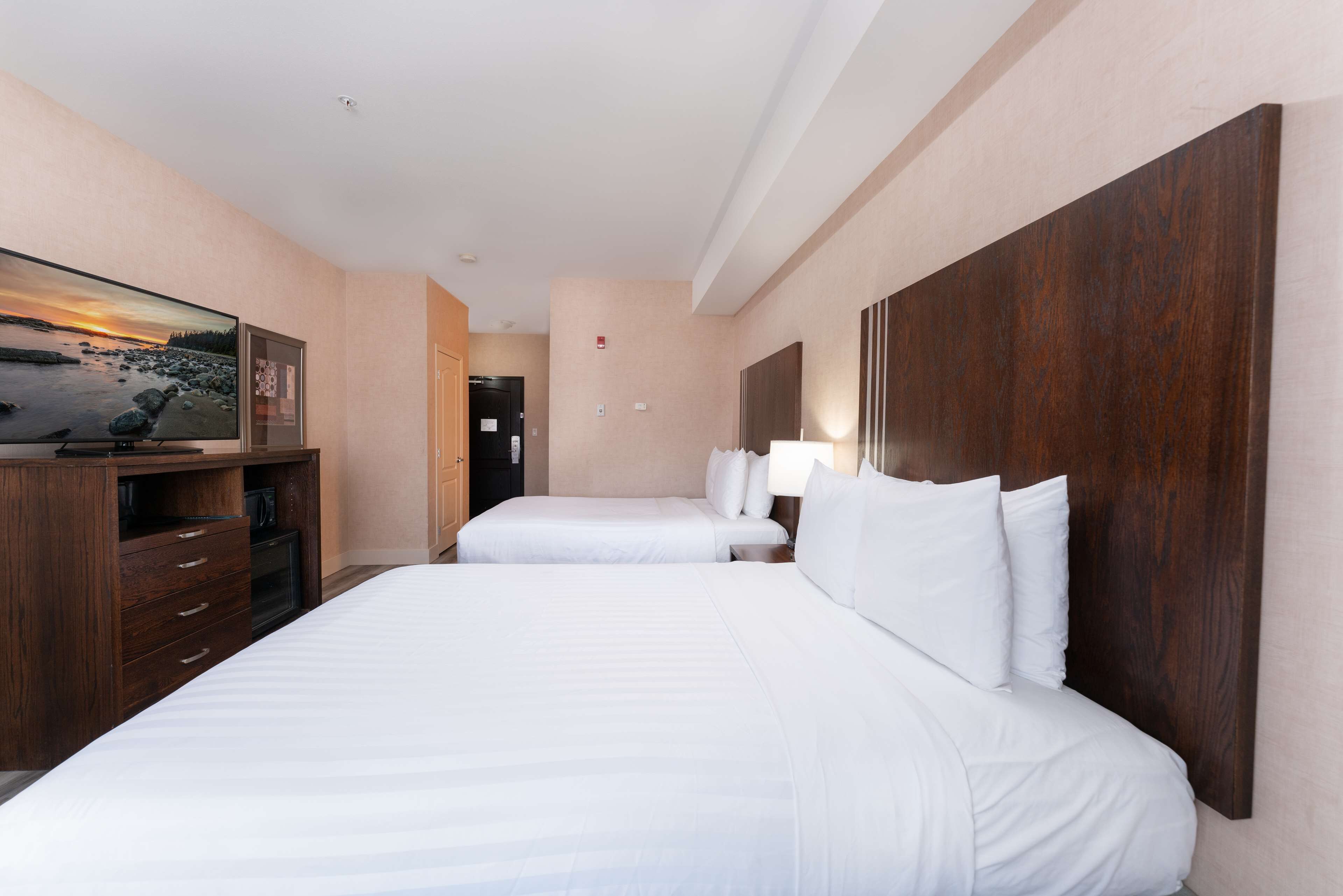 Une chambre d’hôtel avec deux lits, une télévision, une commode en bois et un grand miroir.