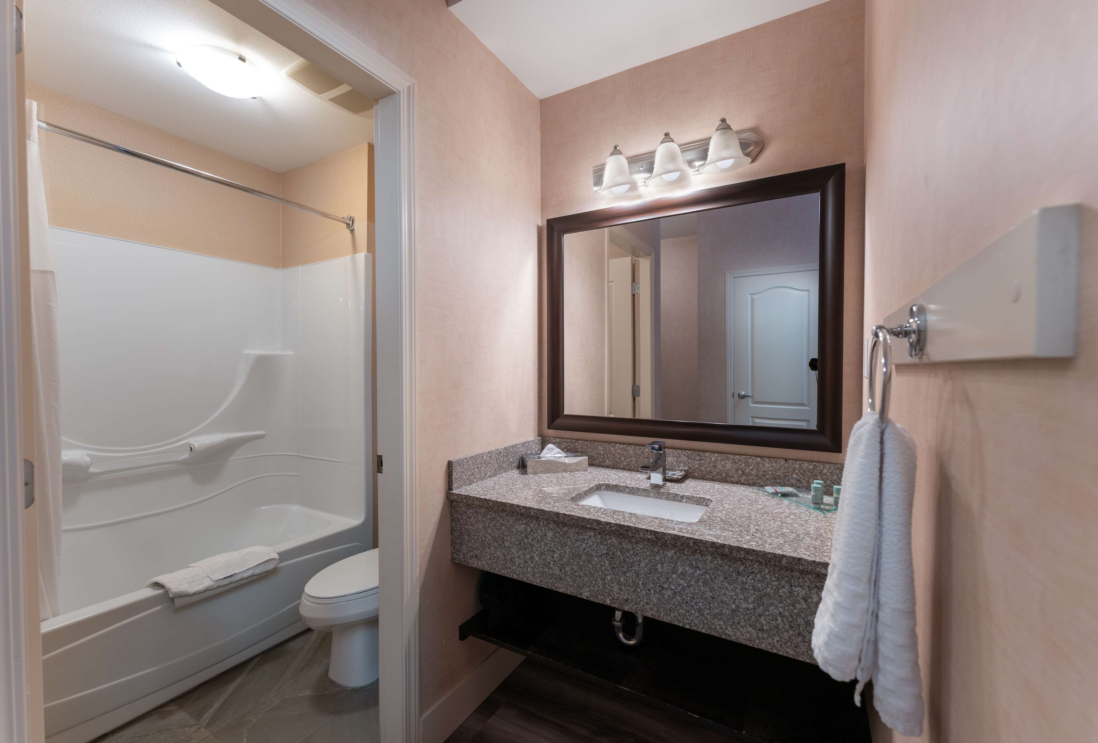 Une salle de bain moderne avec une douche à l’italienne, un meuble-lavabo double et un grand miroir au-dessus du meuble-lavabo.
