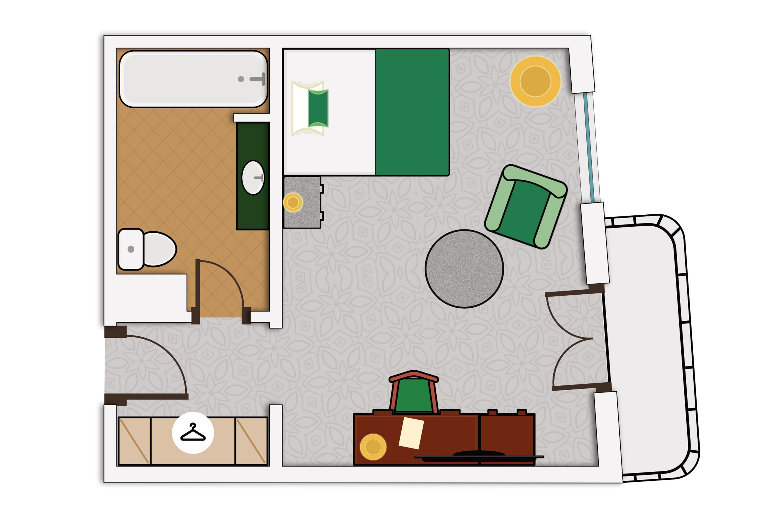 Un plan d’aménagement de chambre d’hôtel comprenant un lit, un bureau, une chaise, une armoire, une salle de bain et un petit coin salon.
